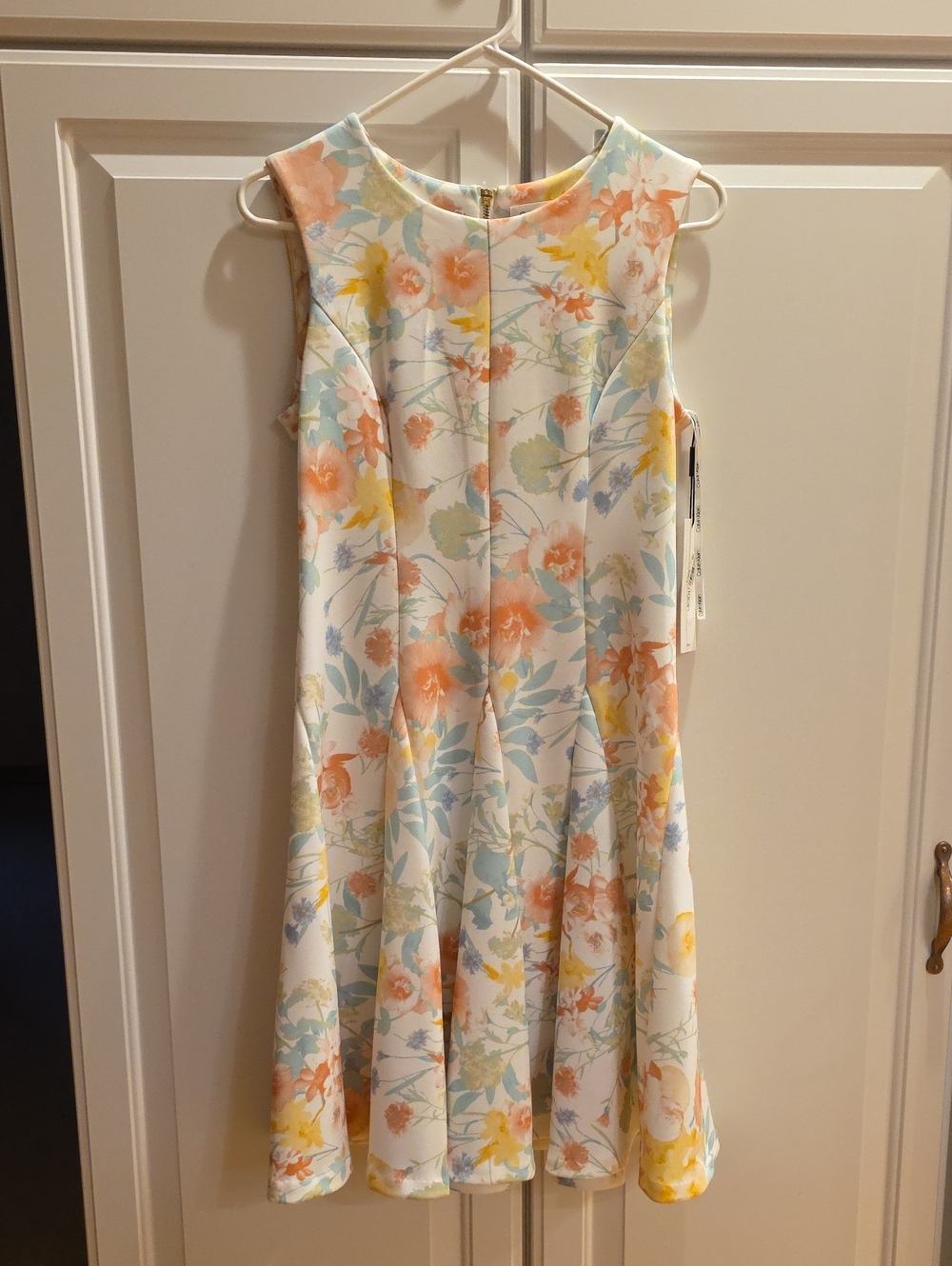 Calvin Klein White Floral Fit-and-Flare Dress with Pastel Blooms - Picture 1 of 7